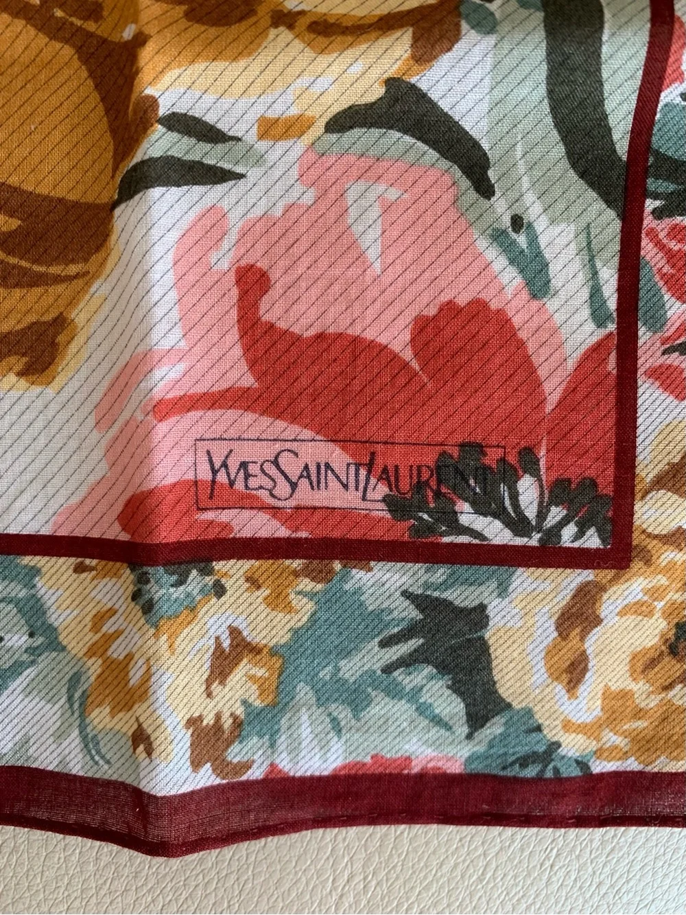 Yves Saint Laurent YSL Vintage Floral Handkerchief 18” Burgundy Pink White Japan